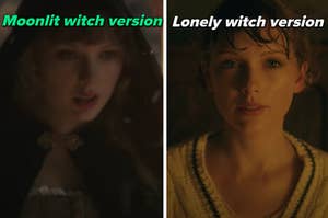 Taylor Swift appears on the left labeled, "Moonlit witch version" and on the right "lonely witch version"