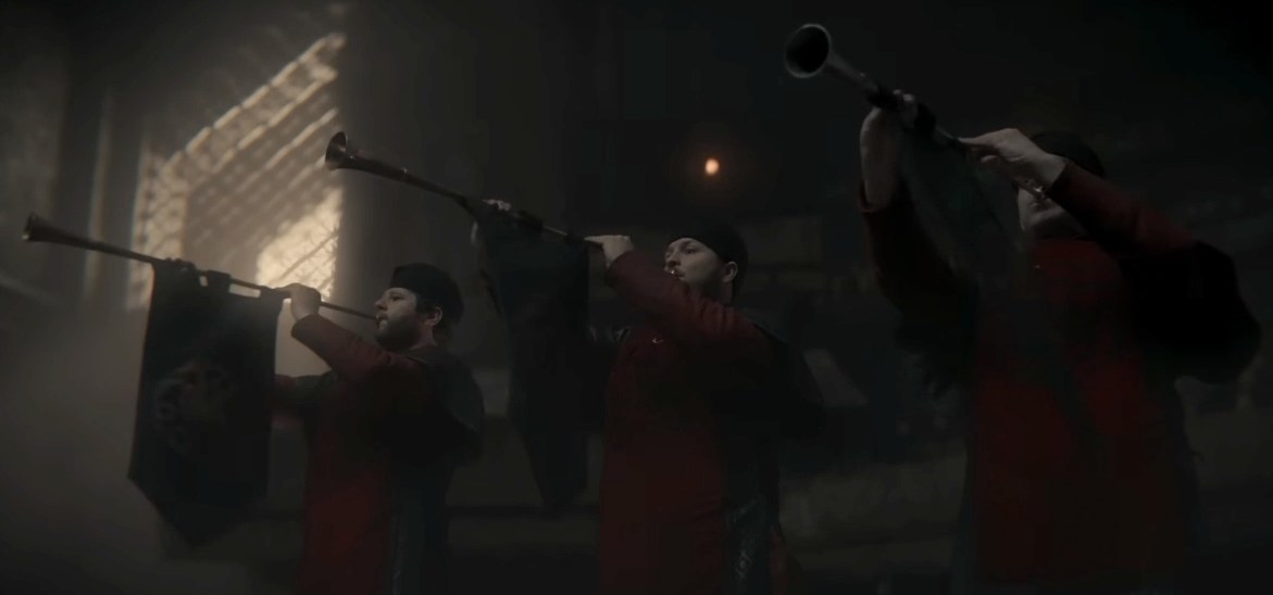 Three men wearing Targaryen colors play trumpets