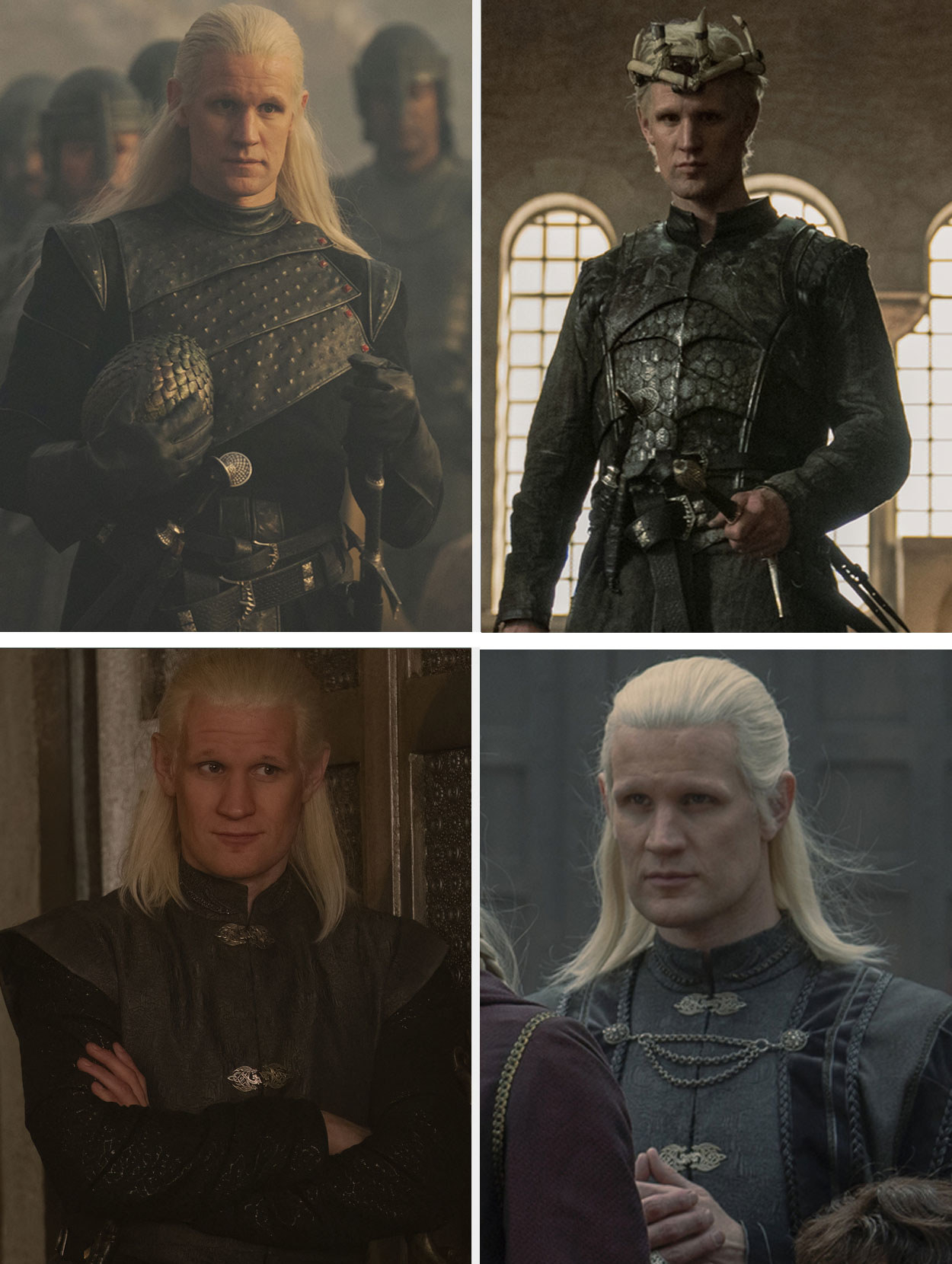 Matt Smith playing Daemon Targaryen with four different wig lengths