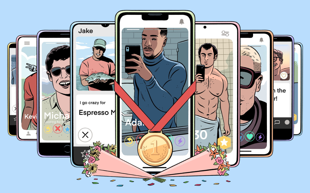 An illustration of a row of dating app profiles on cell phones, the phone in the middle has a medal and bouquet of flowers