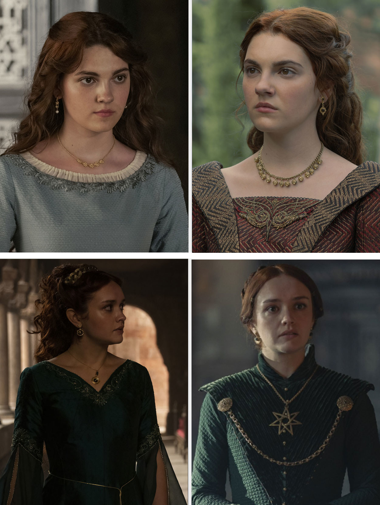 Alicent as played by Emily Carey and Olivia Cooke at four different stages of her life