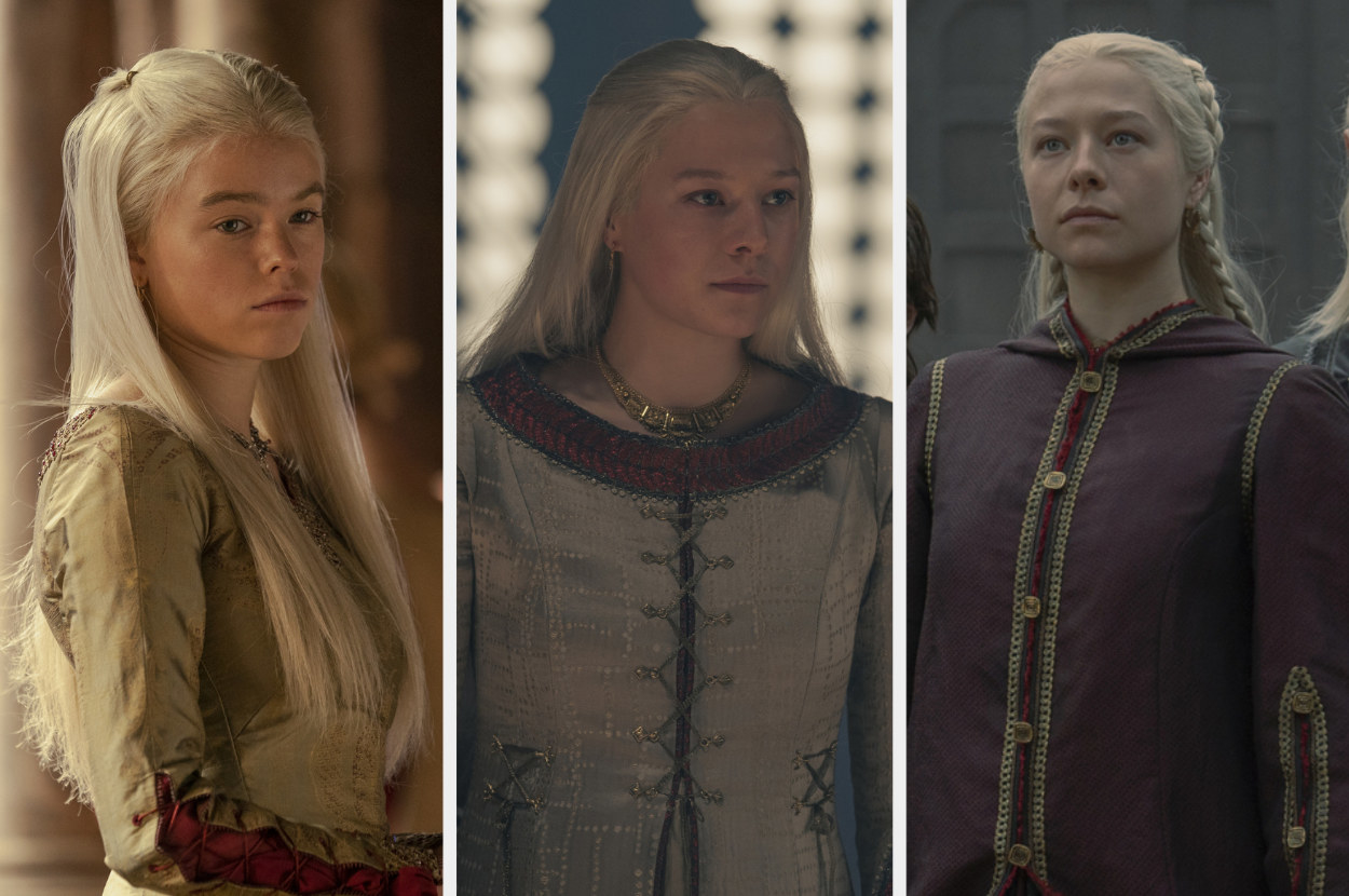 Rhaenyra as played by Milly Alcock and Emma D&#x27;Arcy at three different stages of her life