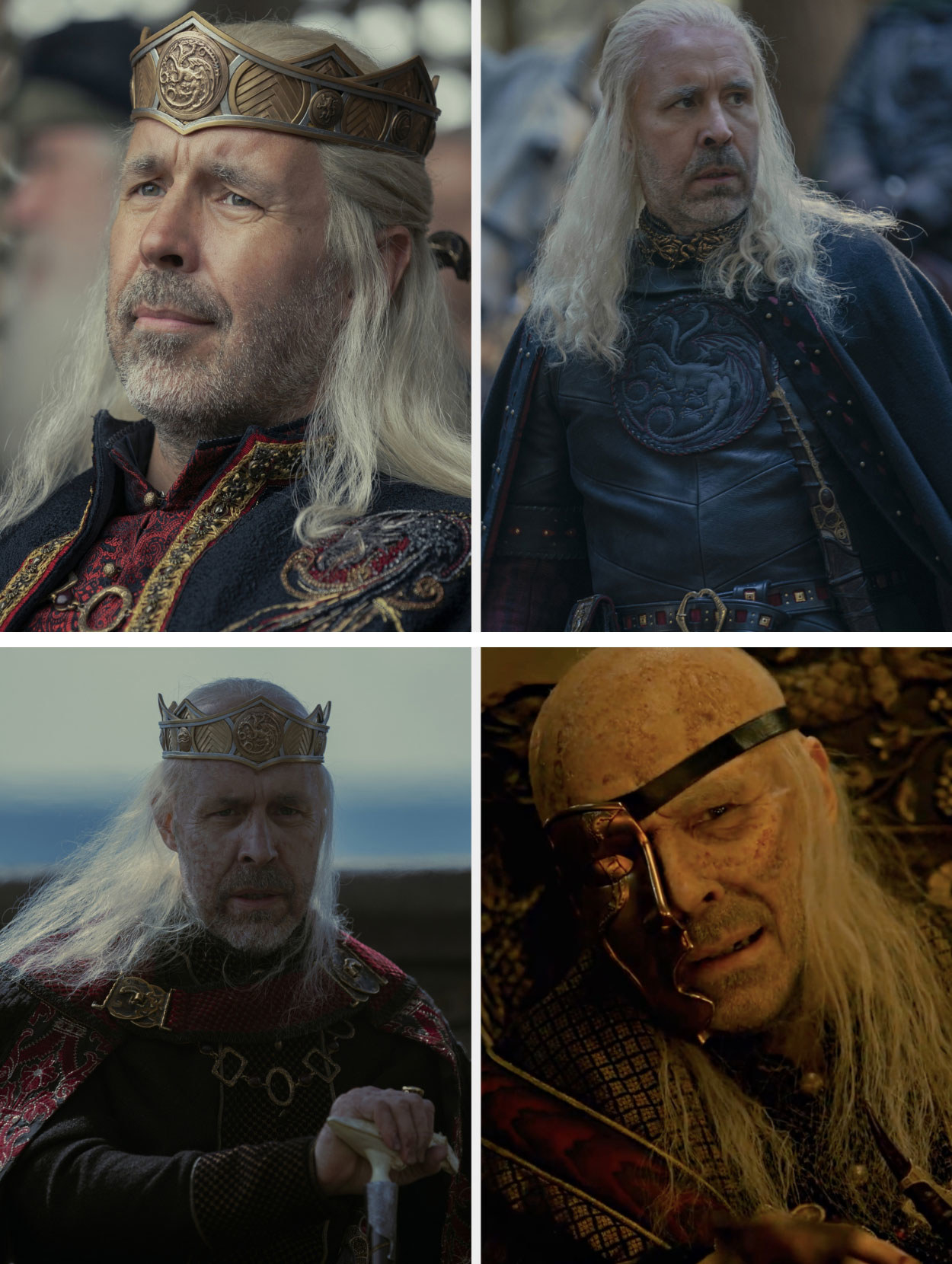 Viserys at four stages in his life, with an increasing amount of visible signs of ill health and age