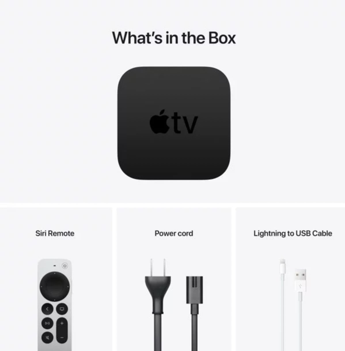 A &quot;what&#x27;s in the box&quot; collage: apple TV, siri remote, power cord, and lighting to USB cable