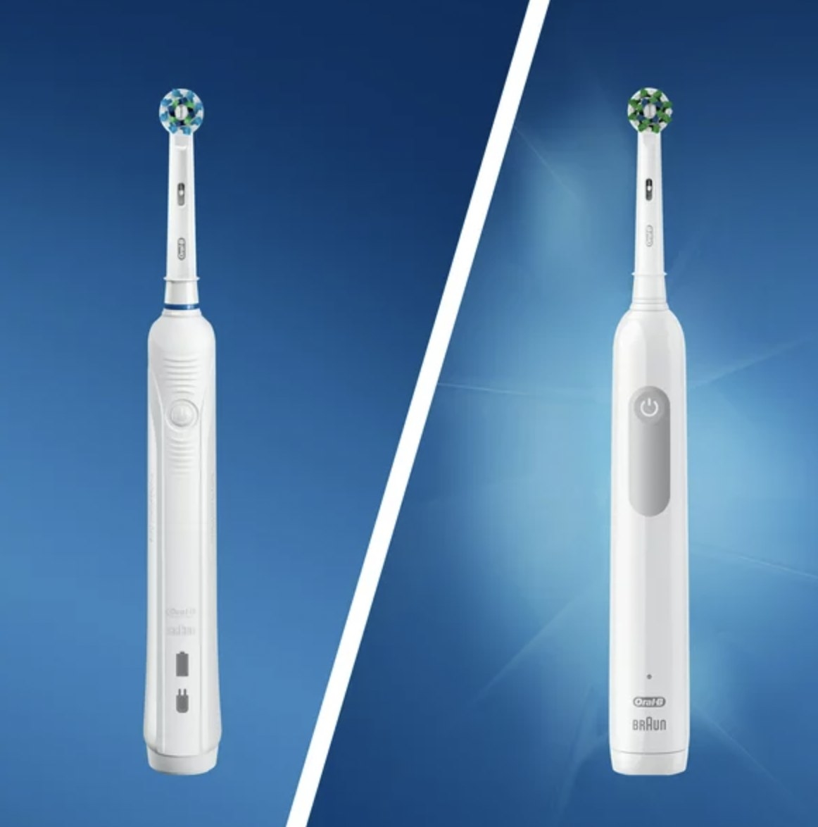 Split screen of the electric toothbrush uncharged and charged up and ready to go