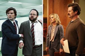 left: cast of Severance, Adam Scott and Zach Cherry. right: cast of Parks and Recreation, Amy Poehler and Nick Offerman.