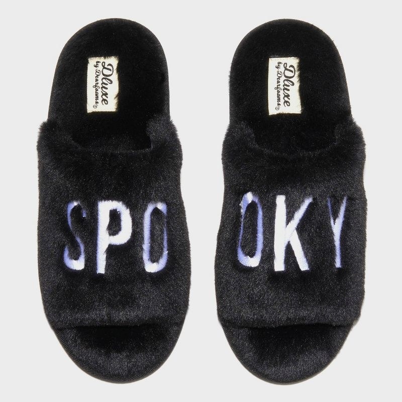 black slippers that read &quot;spooky&quot; in purple text