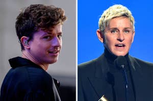 Charlie Puth wears a black jacket with an earpiece in his ear. Ellen DeGeneres wears a black blazer with a matching shirt and pants.
