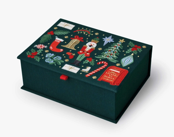 a dark green box with christmas themed embellishments on the top