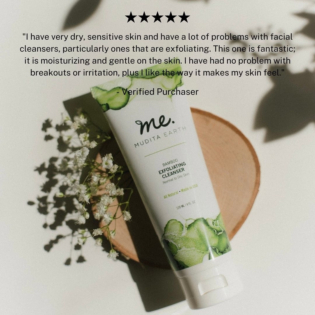 Tube of exfoliating cleanser by Mudita Earth with a positive customer review