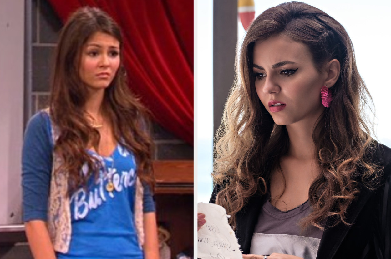 A side by side of Victoria Justice in Victorious and Afterlife of the Party