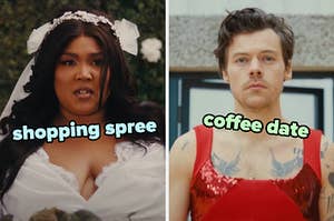 On the left, Lizzo in the 2 Be Loved (Am I Ready) music video labeled shopping spree, and on the right, Harry Styles in the As It Was music video labeled coffee date