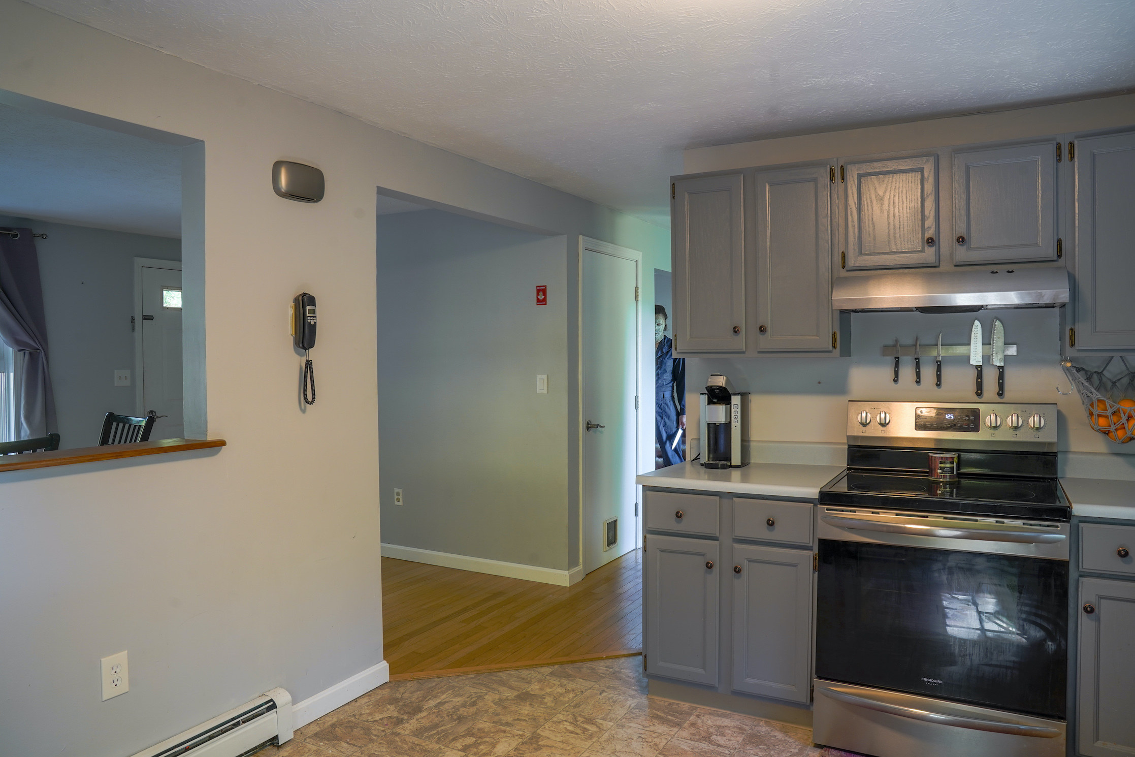 Michael holding a knife as he stands in a doorway near the kitchen