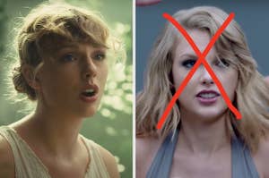 On the left, Taylor Swift in the Cardigan music video, and on the right, Taylor Swift in the Shake It Off music video with an x drawn over her face