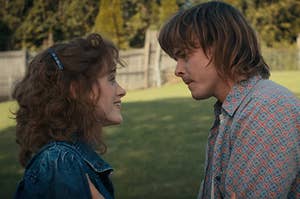 Nancy and Jonathan from Stranger Things staring lovingly into each other's eyes