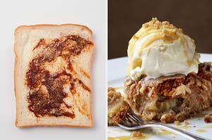 vegemite toast on the left and apple pie on the right