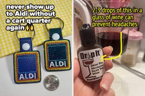 aldi quarter keychain and wine drops 