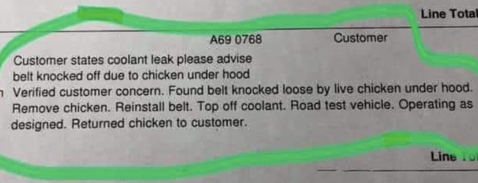 Mechanic notes read that customer thought the car coolant leaks because the belt was knocked off by a live chicken and mechanic verified that it was, fixed it, and returned the chicken to the customer