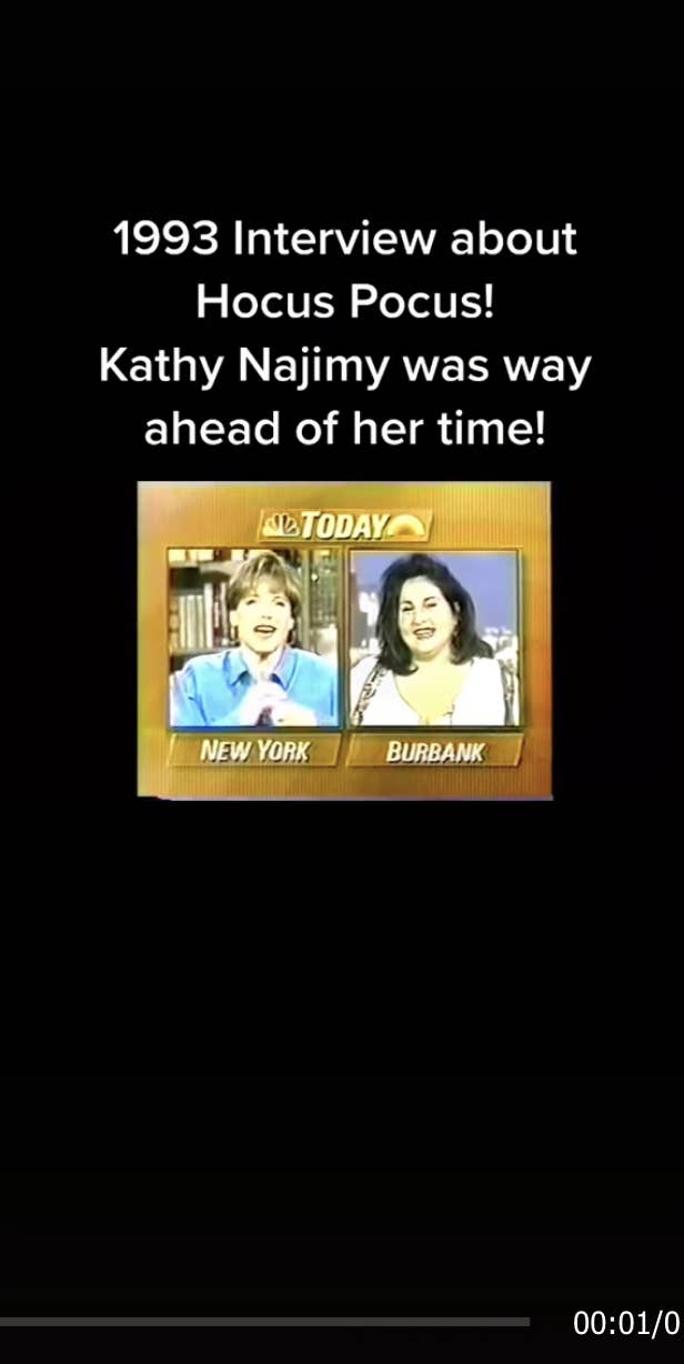 Text: &quot;1993 interview about Hocus Pocus! Kathy Najimy was way ahead of her time!&quot; With small images of Kathy and her Today show interviewer