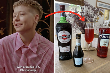 Emma D'Arcy saying "with prosecco in it" from the tiktok video next to an array of ingredients that make a negroni spagliato