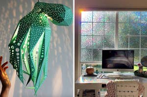 A split thumbnail of an octopus chandelier and a rainbow window screen