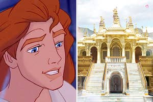 Prince Adam is on the left with a castle on the right
