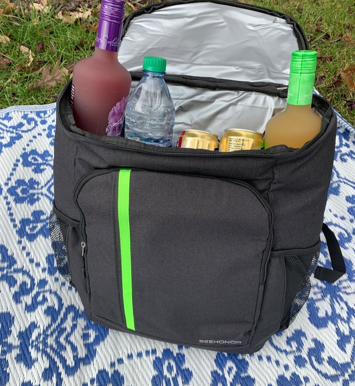 a reviewer&#x27;s backpack on a picnic blanket
