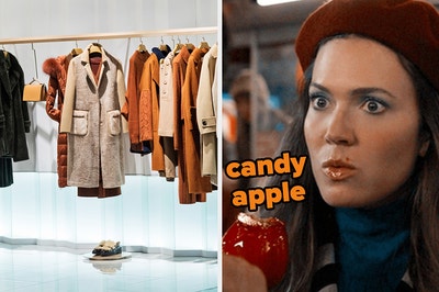 在左边,大衣挂在架子上,并在右边,曼迪·摩尔吃糖果苹果。这是我们丽贝卡