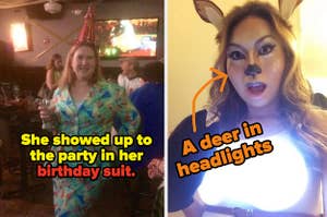 一个女人穿着套装，戴着派对礼花和派对帽子，上面写着“生日装”;一个女孩化着鹿妆，戴着鹿耳朵，胸罩上的灯写着“车灯下的鹿”