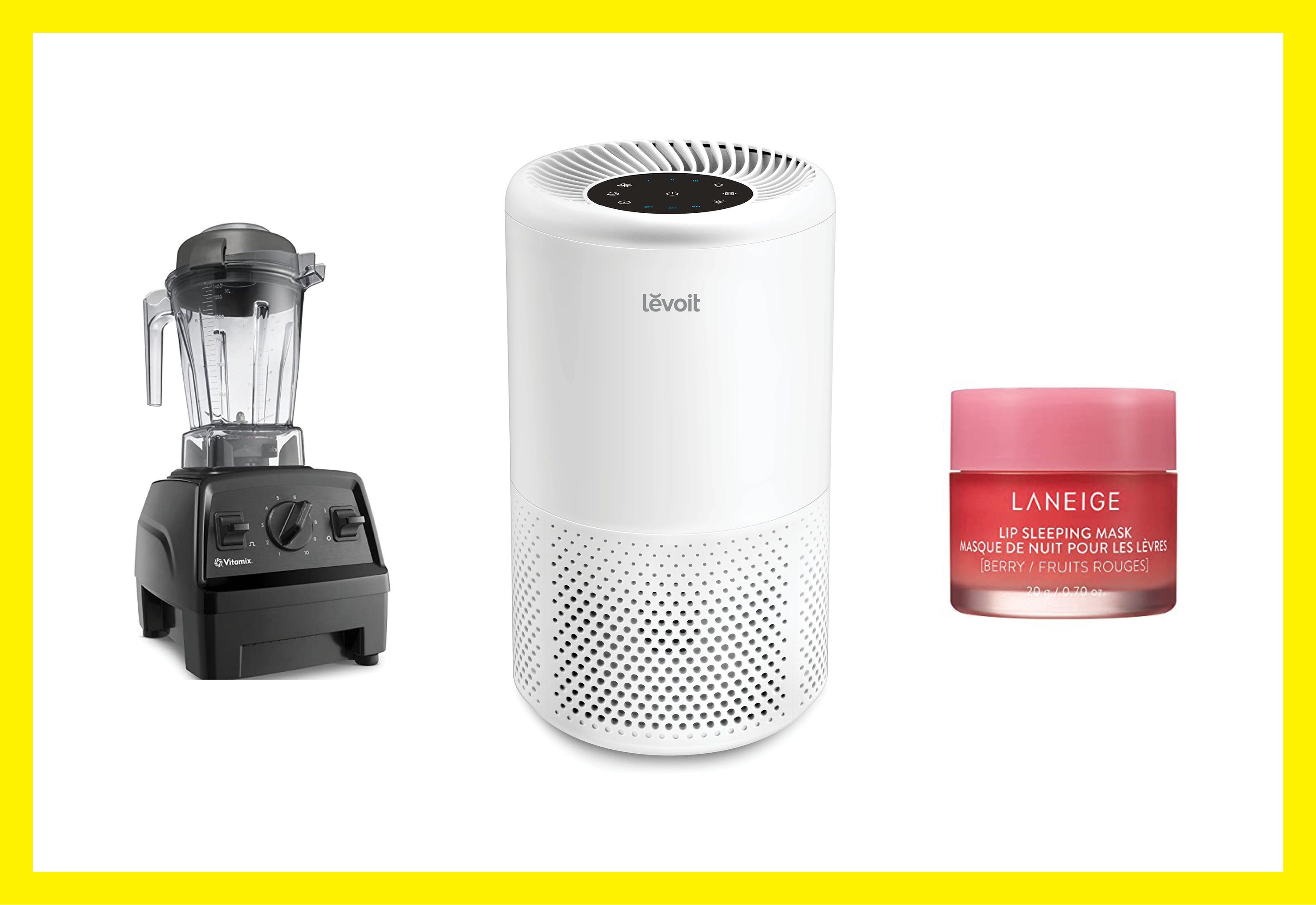A white Levoit air purifier in the center of a yellow frame. A Vitamix blender is smaller to the left side and a red Laneige lip sleeping mask container is to the right.