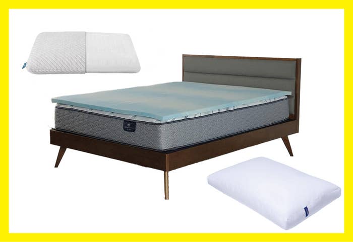 In the center of frame sits a bedframe with a mattress and mattress topper. On the bottom right corner is a pillow from Casper, and on the top left is a pillow from Leesa.