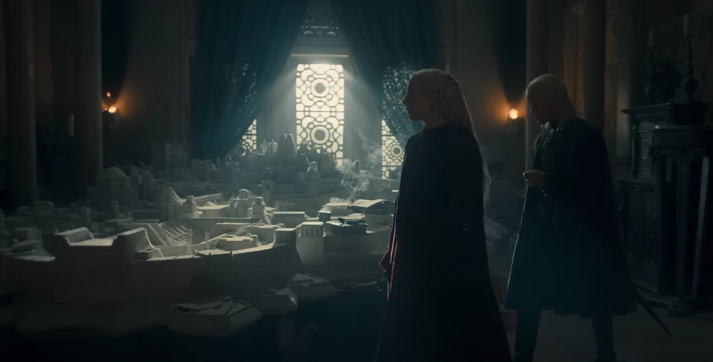 Rhaenyra and Daemon walk past Viserys&#x27;s model of Old Valyria