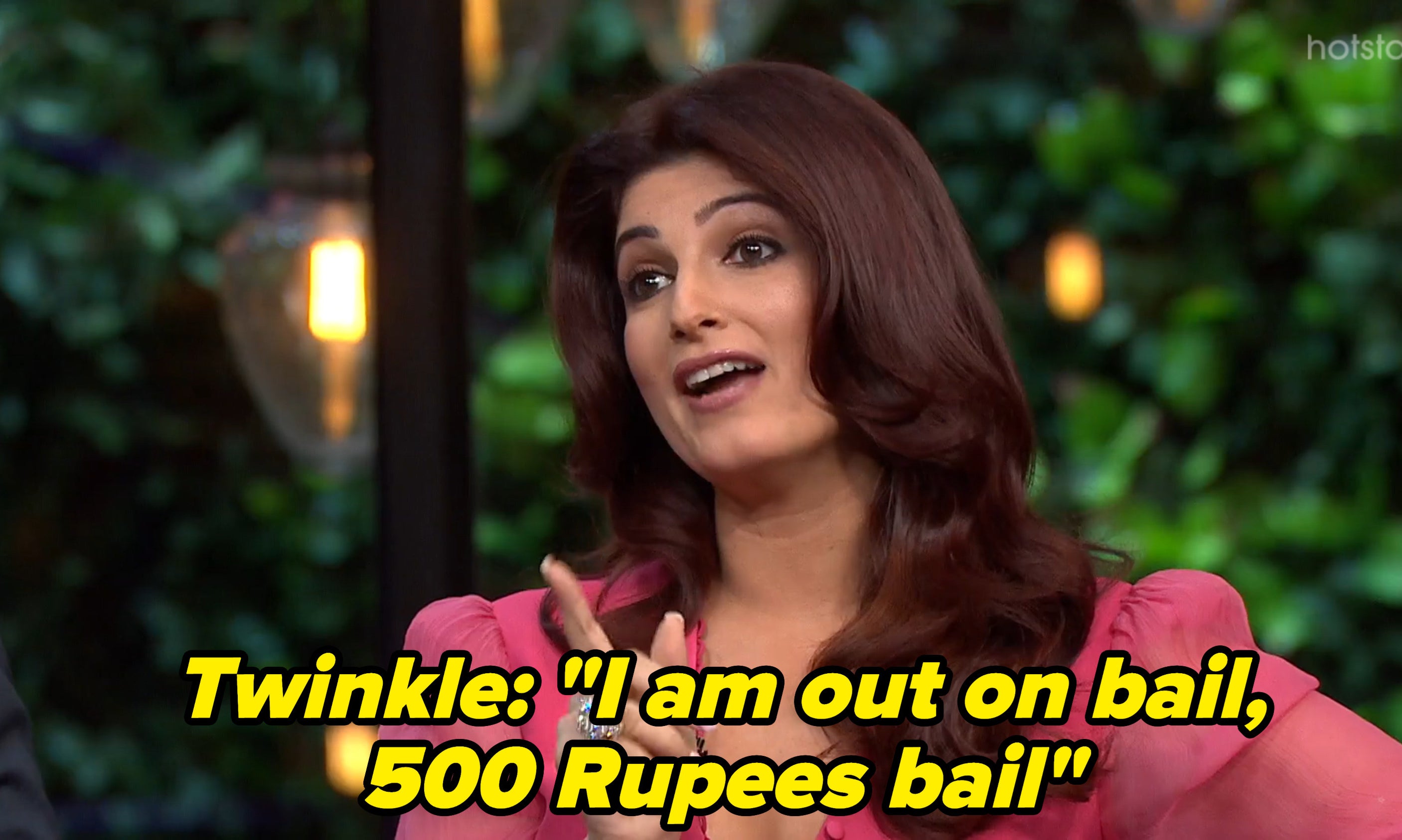 Twinkle Khanna speaking with her finger pointed up