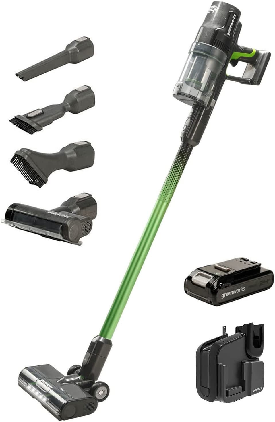 Greenworks 24V Brushless Cordless Stick Vacuum in lime green with a white background