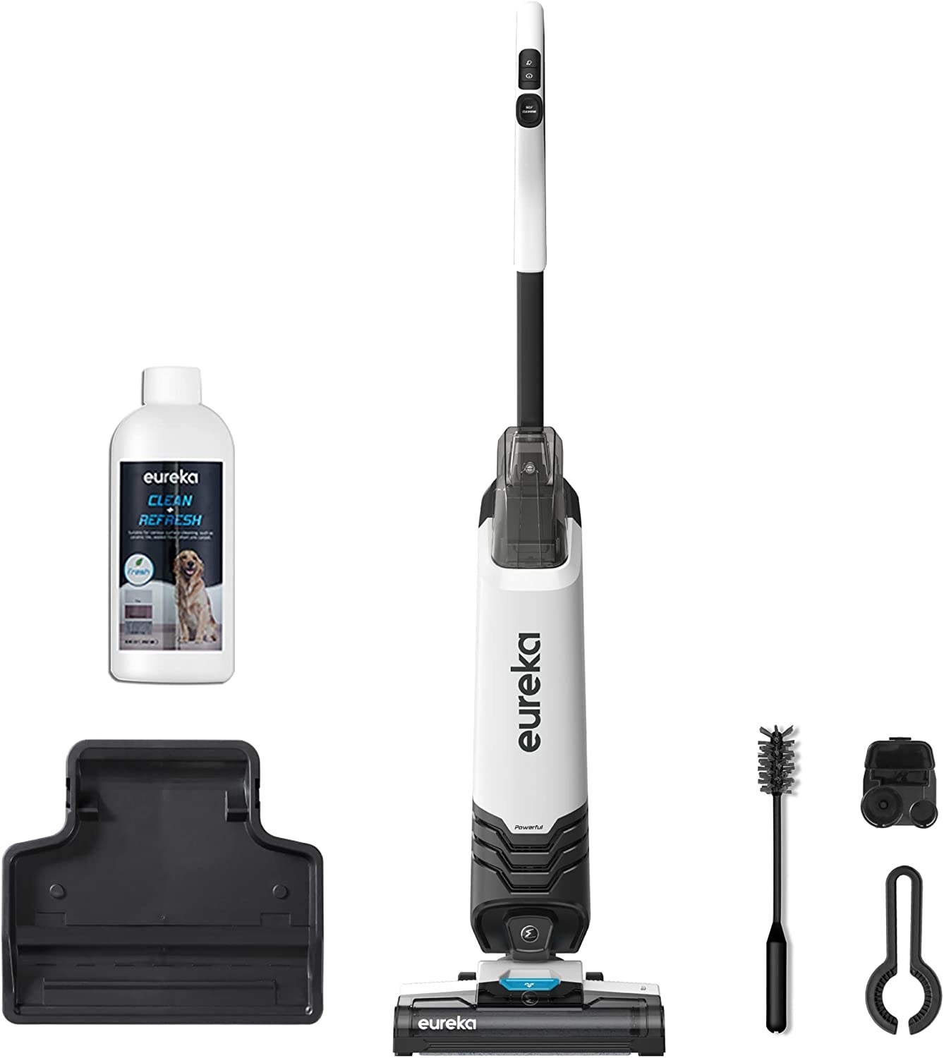 Eureka All in One Wet Dry Vacuum Cleaner and Mop in white and black on a white background