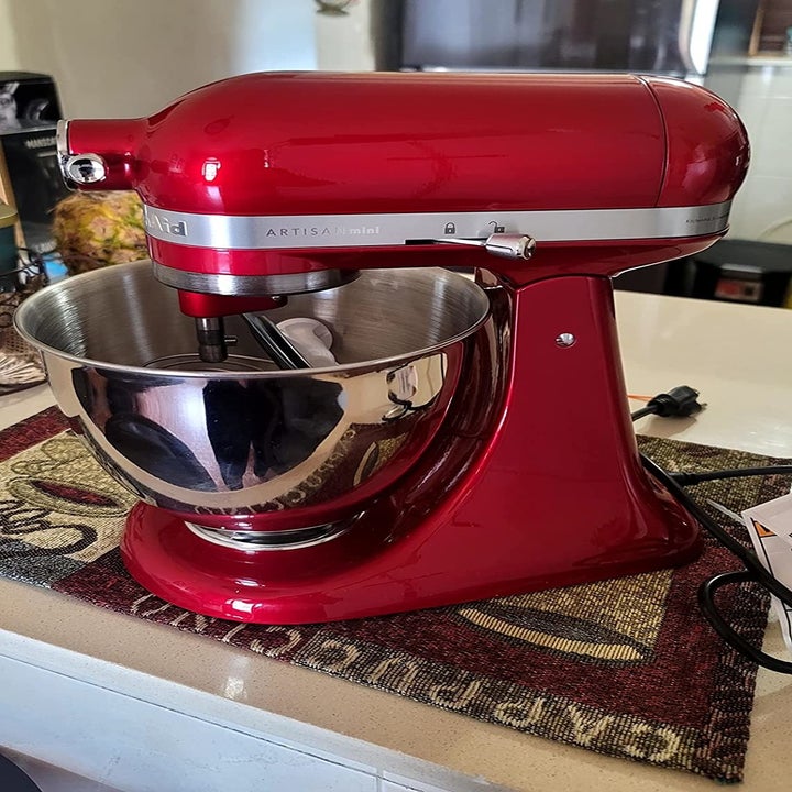 a reviewer photo of the mixer in red
