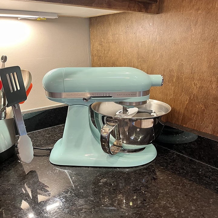 a reviewer photo of the mixer in blue