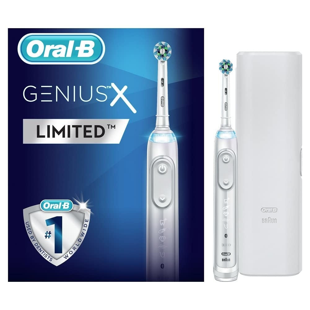 An Oral-B electric toothbrush on a white background 