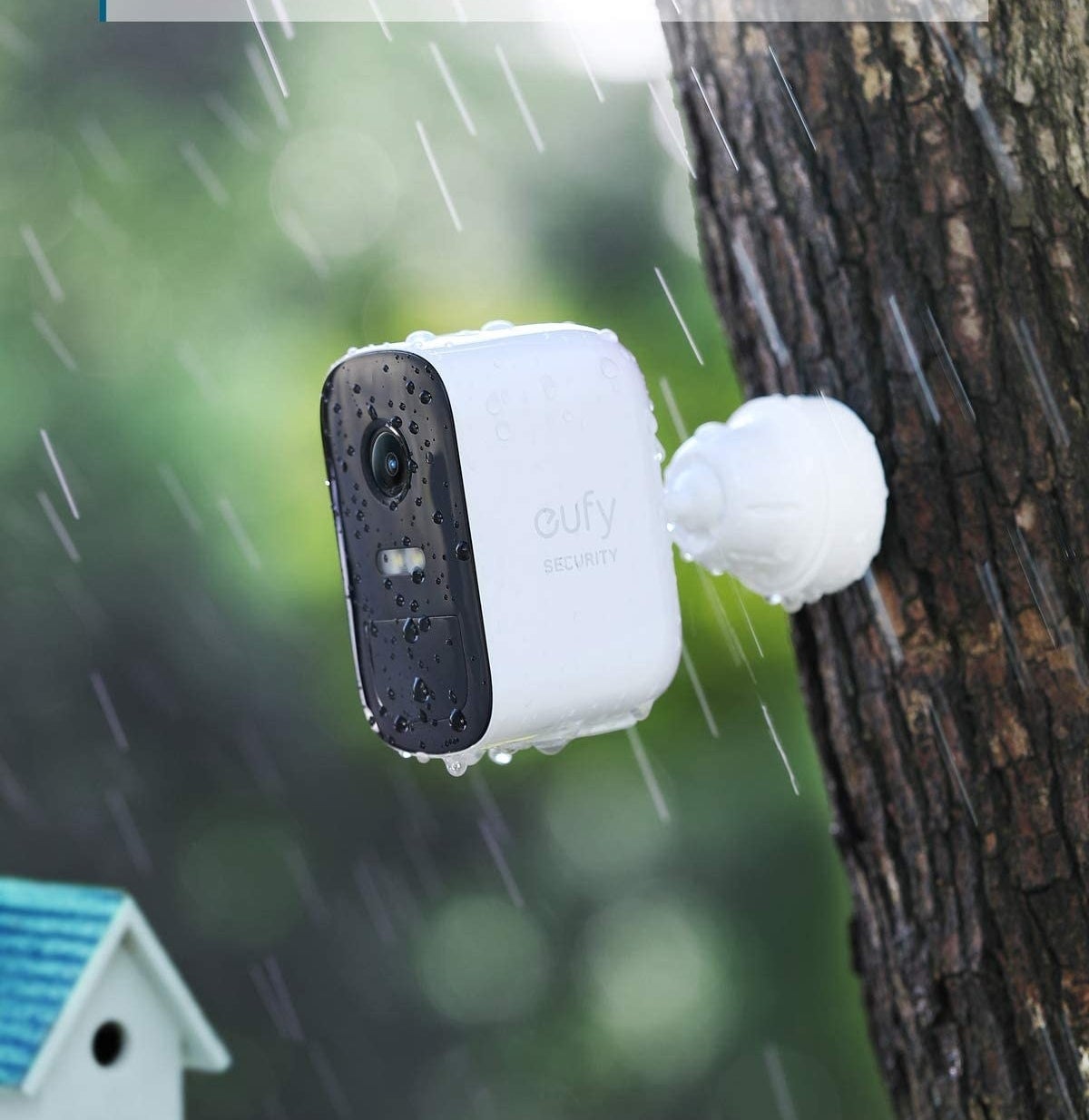 an outdoor security camera hung on a tree
