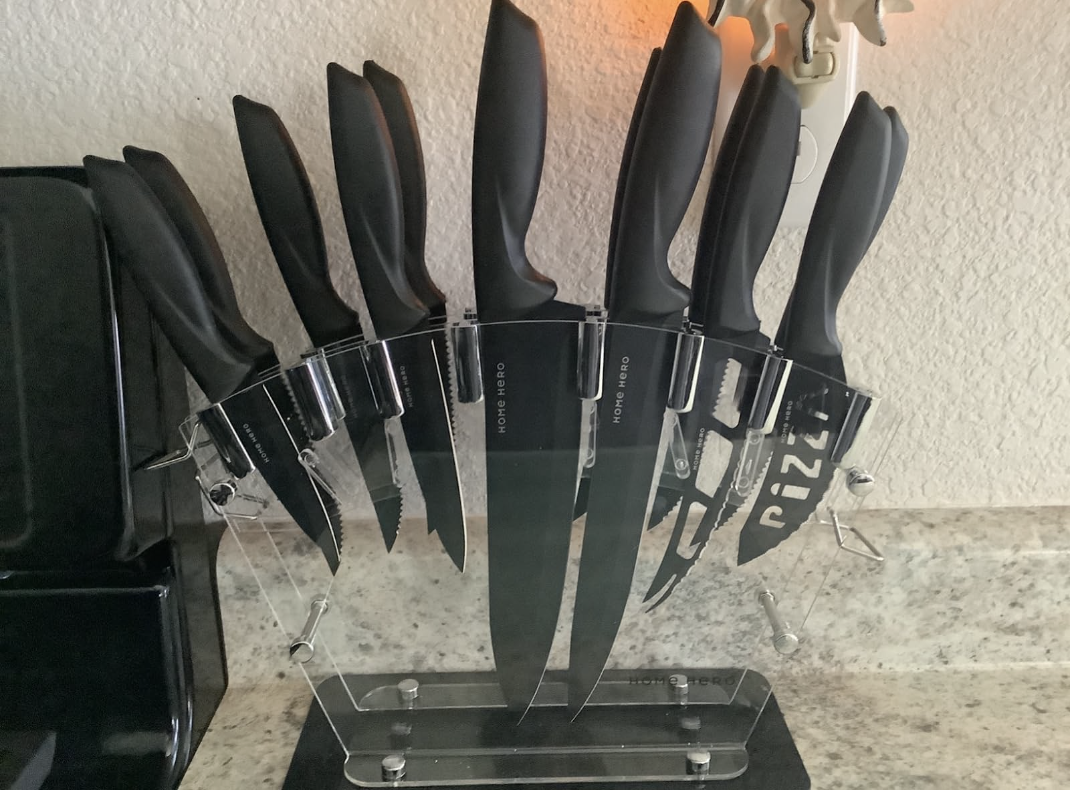 knife set on a reviewer's counter