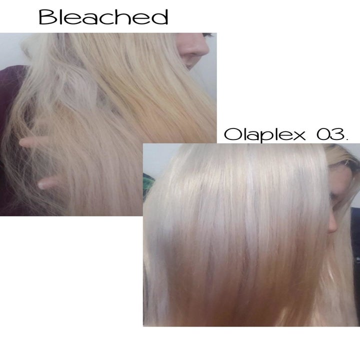 A reviewer's bleached hair before and after use