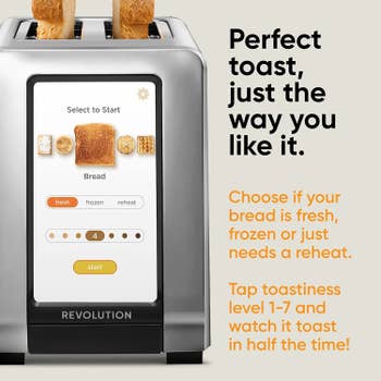 Product image showing different toast level and bread settings on the interface of the toaster