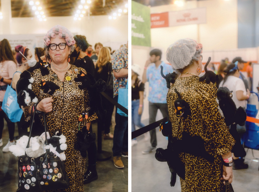 cat lady with hair curlers covered in fake cats