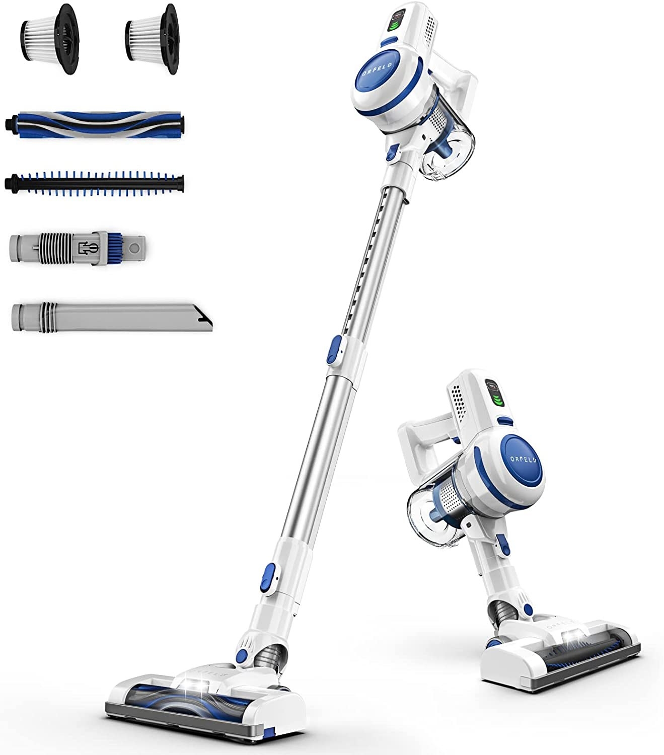 Orfeld cordless vacuum cleaner, white and blue on a white backgrounds