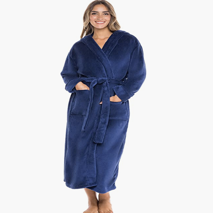 model wearing navy bath robe