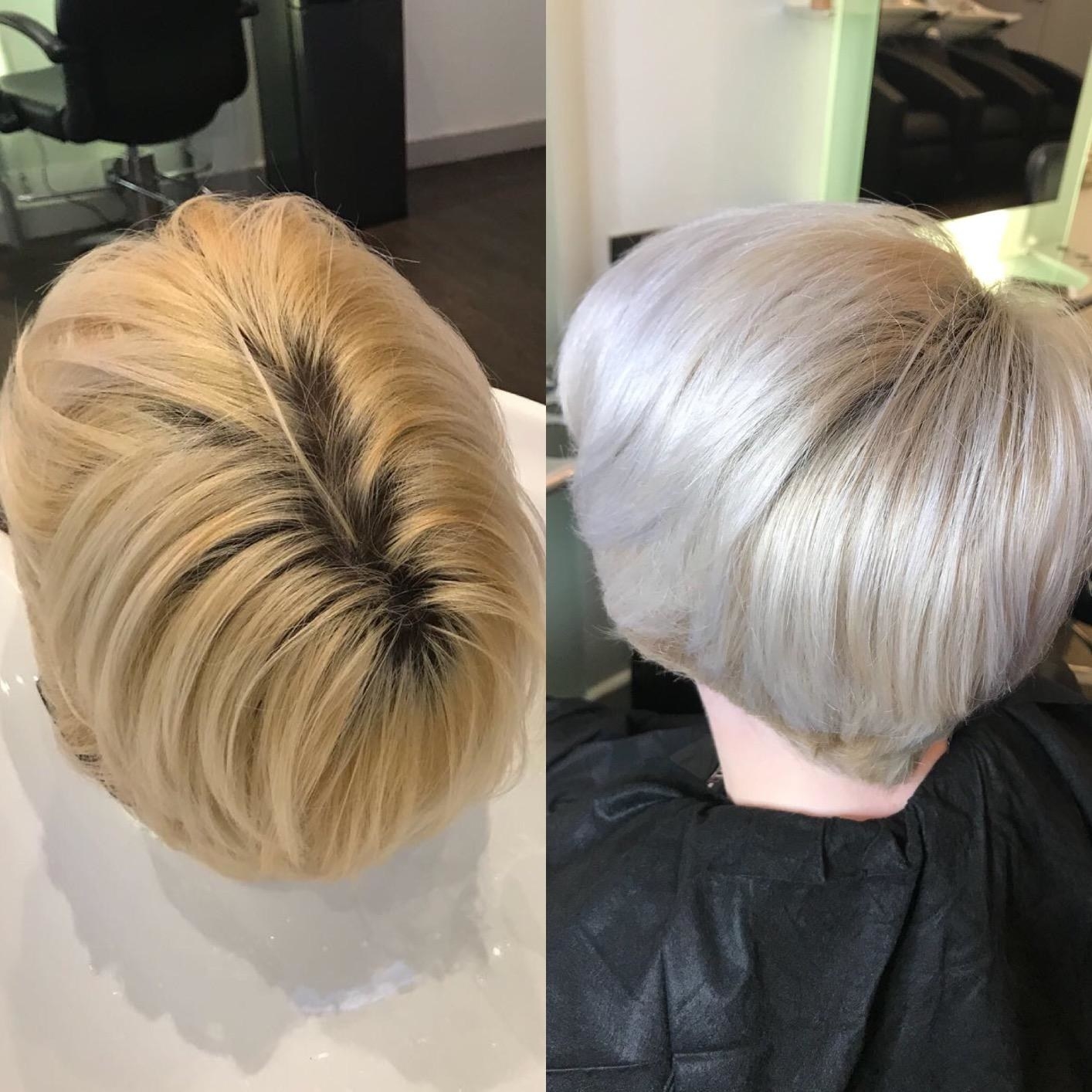 Reviewer's hair before and after using purple shampoo