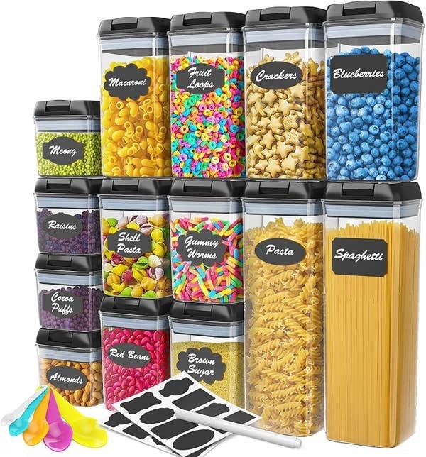 food storage containers, measuring spoons, labels, and a chalk pen