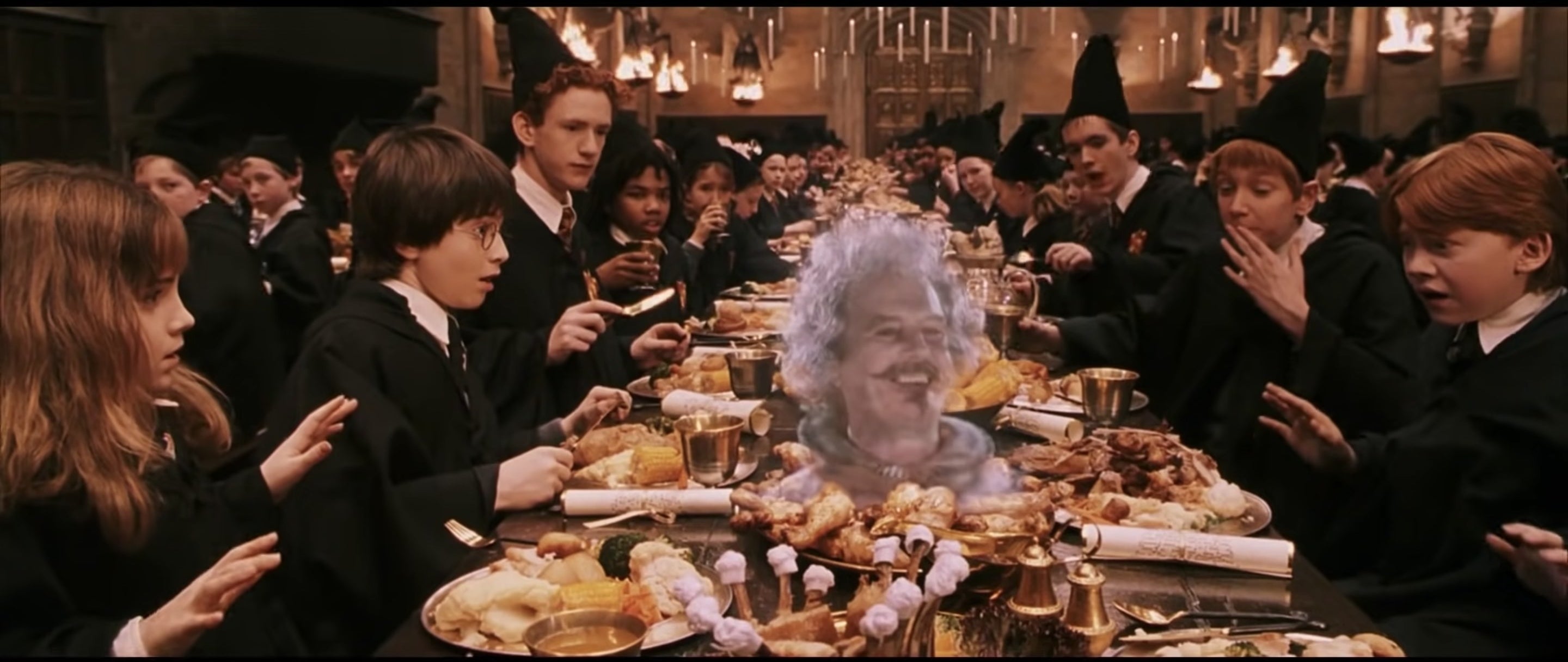 Nearly Headless Nick popping out of table at Hogwarts