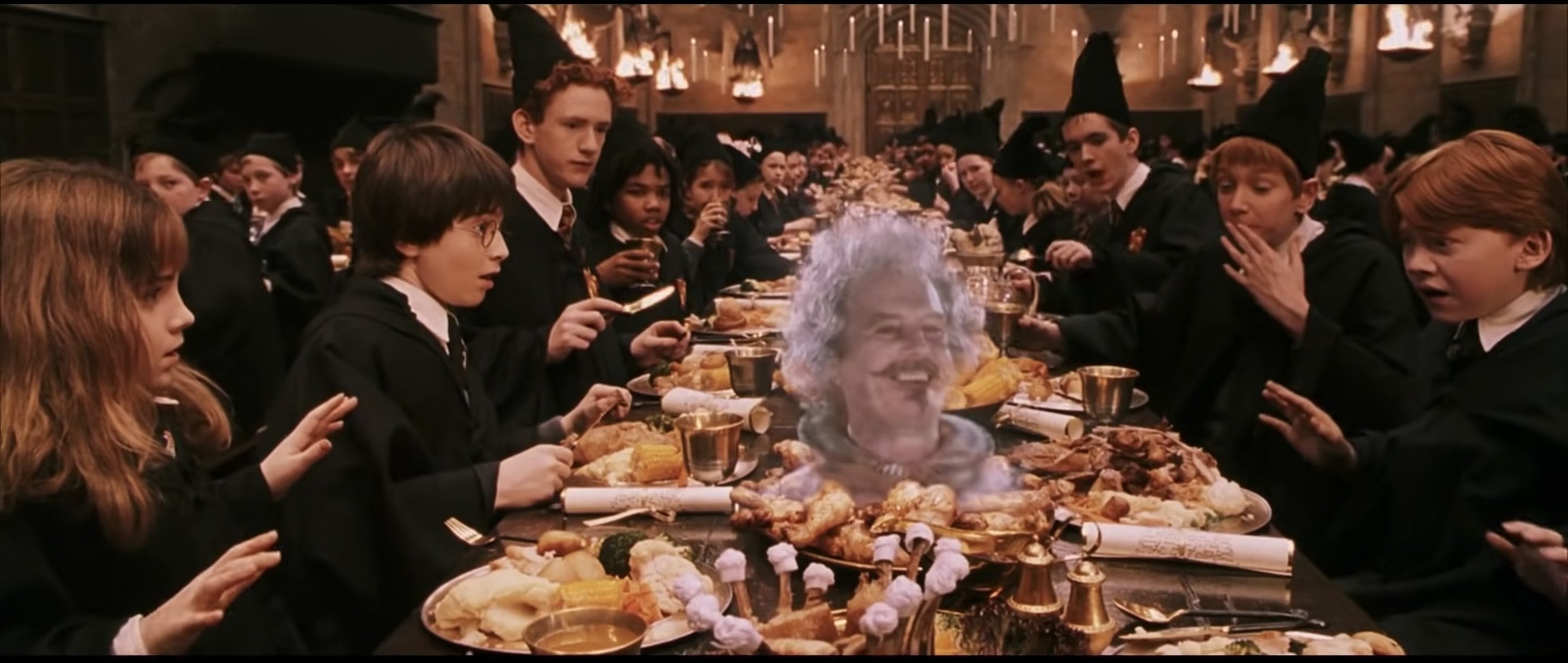 Nearly Headless Nick popping out of table at Hogwarts