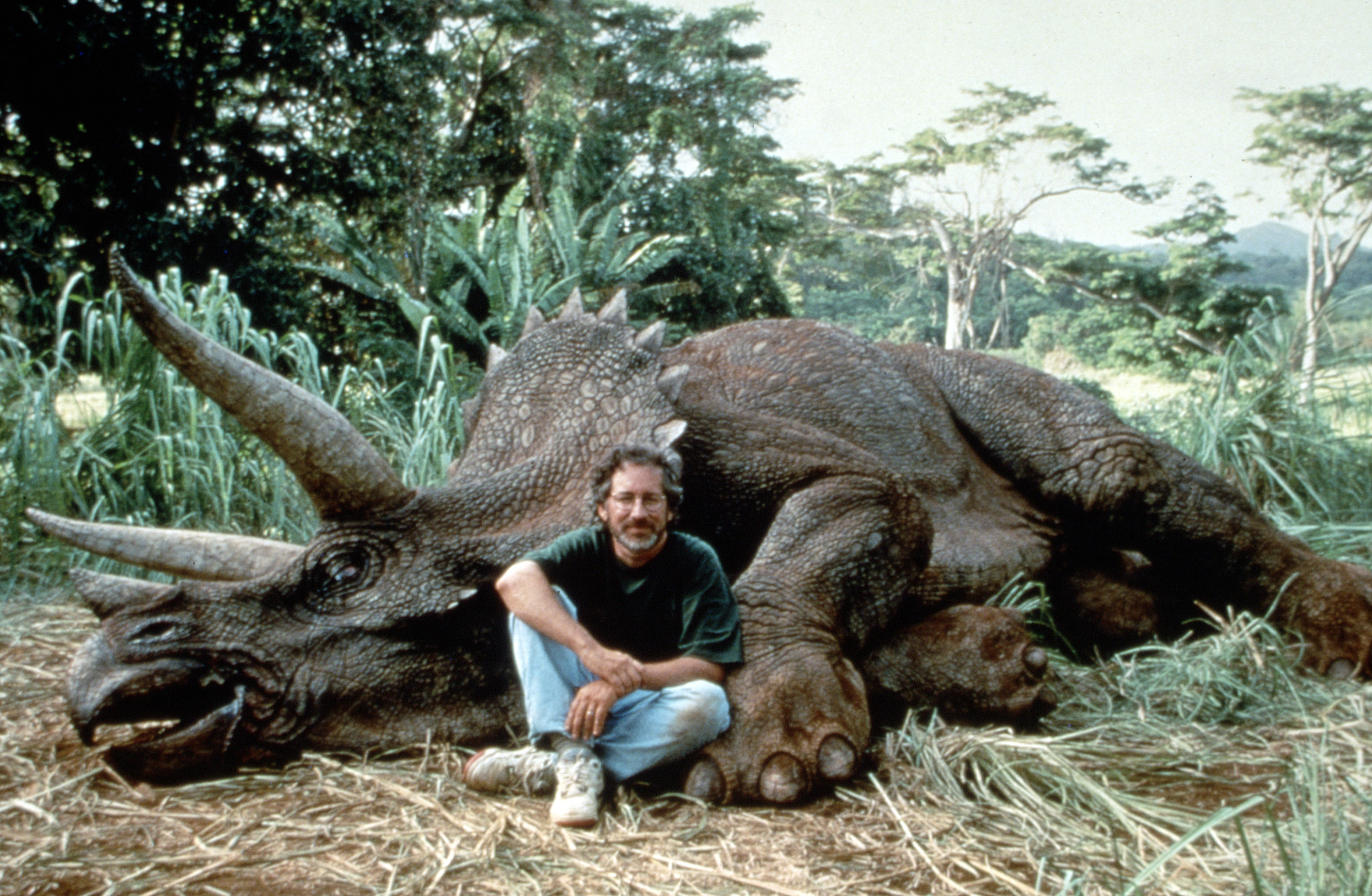 A man sits in front of a dinosaurs